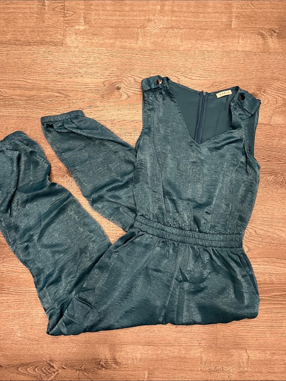 Kori Teal Sleeveless V-Neck Jumpsuit with Elastic Waist Size S